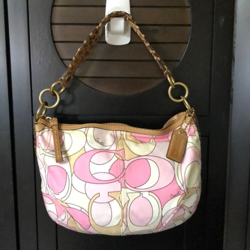 Vintage Signature Coach Pink Optic Soho Hobo 11905 Canvas Tan Bag 2008